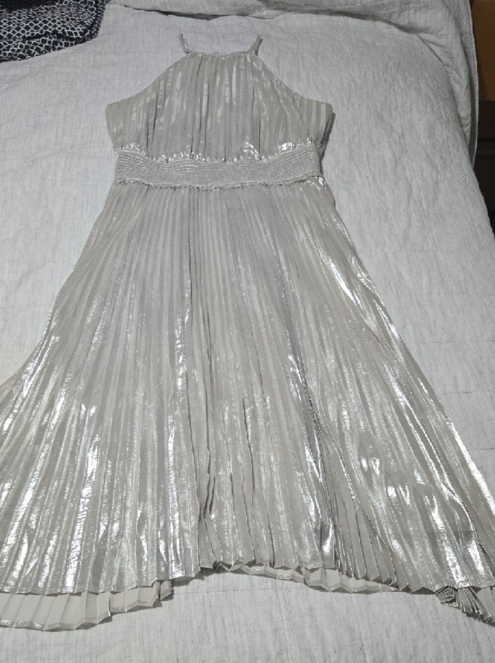 Express Metallic Pleated Halter Dress - Silver/Cream - Picture 11 of 13